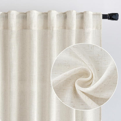 Ivory Cream Linen Back Tab Curtains 63 Inch Length 2 Panels Set, Semi Sheer Light Filtering Privacy Drapes for Modern Farmhouse Living Room Bedroom, Neutral Textured Pinch Pleated Look Window Curtains