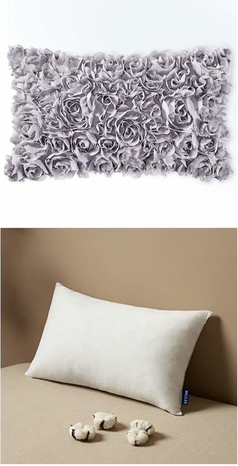 3D Decorative Spring Romantic Stereo Chiffon Rose Flower Pillow Cover with Pillow Inserts 12X20 Inch