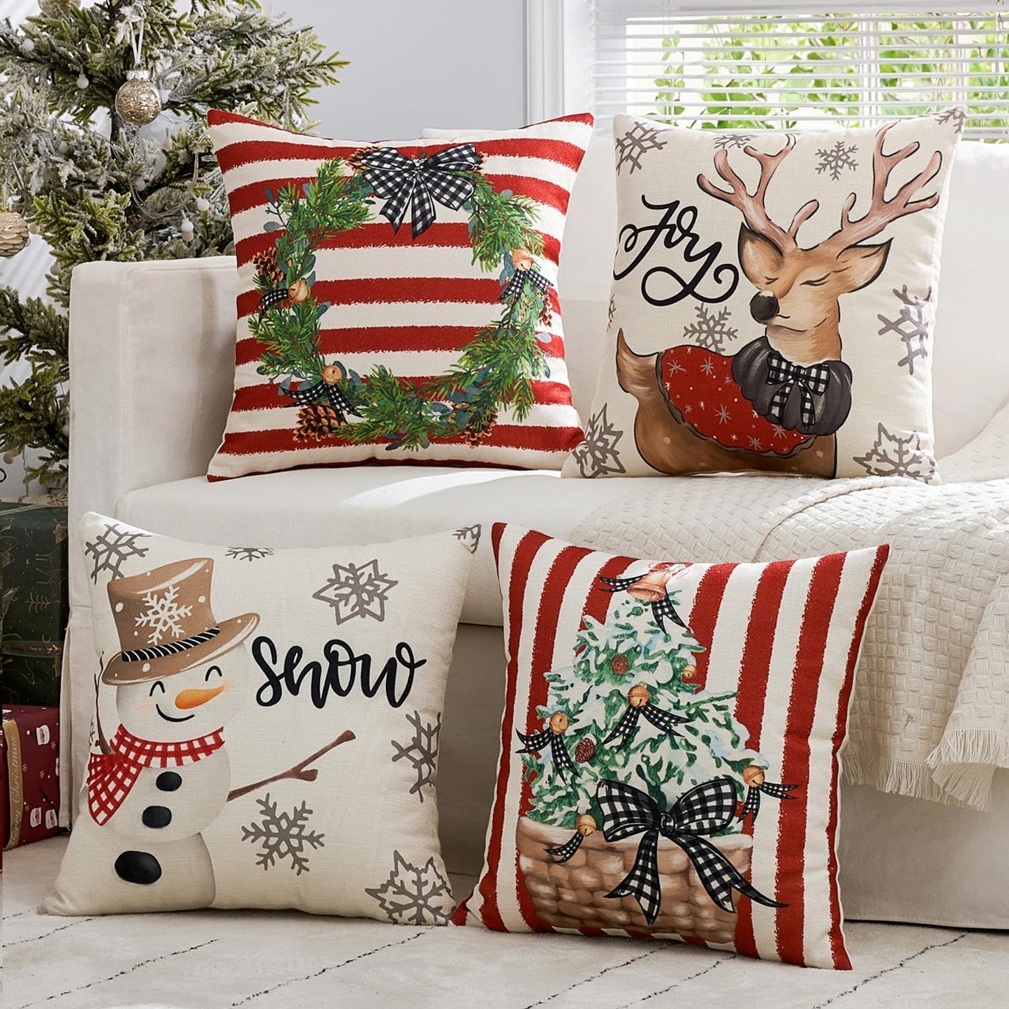 Set of 4 Holiday Red Decorative Pillow Covers 16X16 Inch Snowman Elk Merry Christmas Throw Pillow Cases Winter Seasonal Cushion Cases Home Decors for Sofa Couch Bedroom