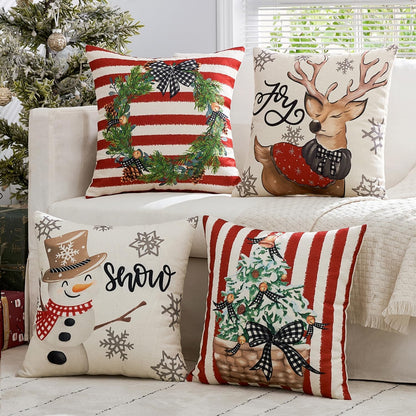Set of 4 Holiday Red Decorative Pillow Covers 16X16 Inch Snowman Elk Merry Christmas Throw Pillow Cases Winter Seasonal Cushion Cases Home Decors for Sofa Couch Bedroom