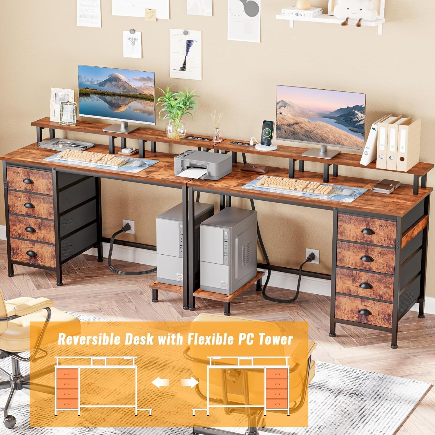 47" Computer Desk with 4 Fabric Drawers & Monitor Stand, Gaming Desk with Power Outlets - LED Lights, Home Office Space-Saving Study Table for Bedroom Small Spaces (Rustic Brown)