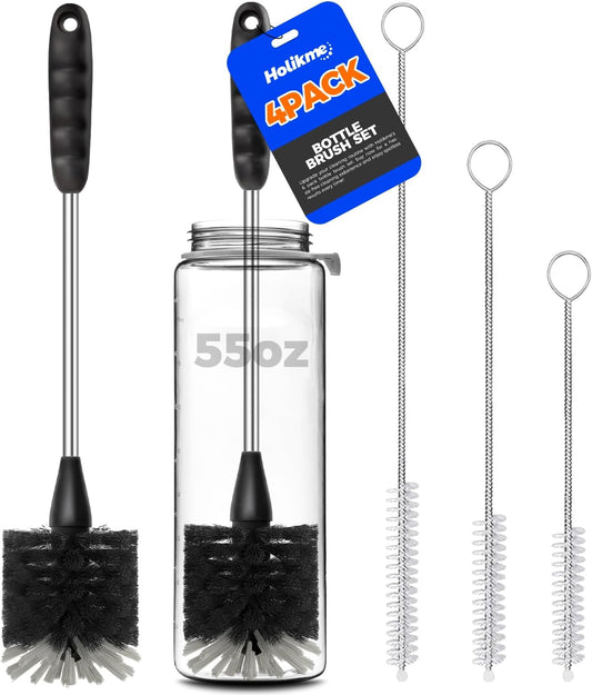 Bottle Brush Cleaner Set, 14" Long Handle Stainless Steel Bottle Cleaner Brush, 3 Straw Cleaner Brush, Bottle Cleaning Brush for Water Bottle, Cups, Abrasive Wheel Brushes, Straws Black