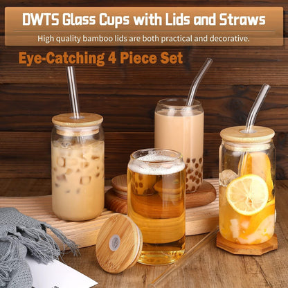Glass Cups with Lids and Straws 4 Pcs,16Oz Drinking Glasses Set for Coffee Bar Accessories,Iced Coffee Cups with Lids,Matcha Cup Glass Tumbler Reusable for Gifts