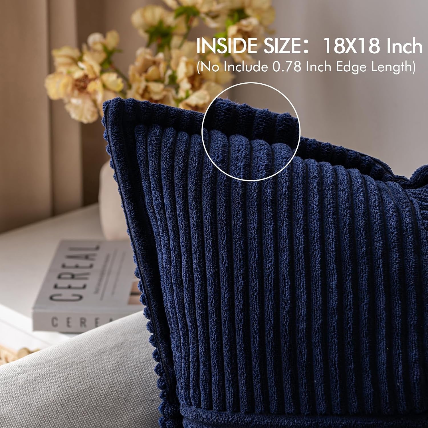 Decorative Throw Pillow Covers for Couch Bed Livingroom 18X18 Inch Set of 2 Navy Blue Boho Accent Throw Pllows Broadside Striped Patchwork Soft Corduroy Summer Coastal Pillowcases