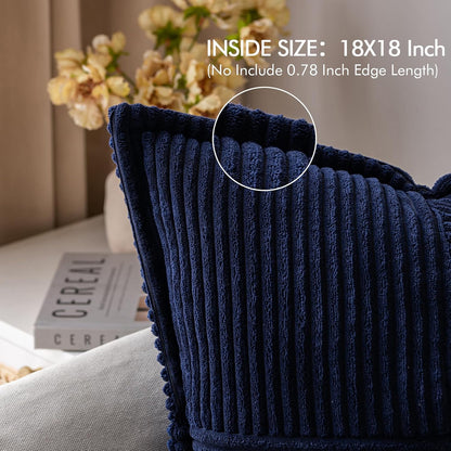 Decorative Throw Pillow Covers for Couch Bed Livingroom 18X18 Inch Set of 2 Navy Blue Boho Accent Throw Pllows Broadside Striped Patchwork Soft Corduroy Summer Coastal Pillowcases