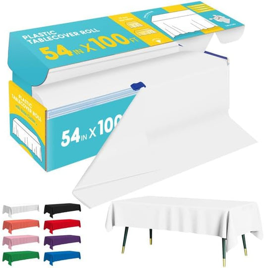 White Plastic Table Cover Roll - 54IN X 100FT, Table Cloth for Rectangle Table with Slide Cutter, Plastic Table Cloth Disposable with Cut-To-Size Design for Weddings, Banquets, Parties