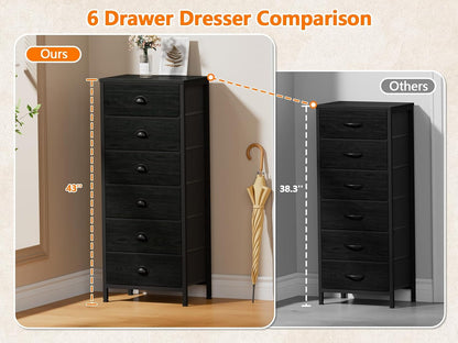 Elegant Tall Dresser with 6 Drawers and Vertical Bedside End Table - Black Storage Tower Nightstand with Fabric Drawer Organizer for Bedroom, Living Room, Closet, and Hallway