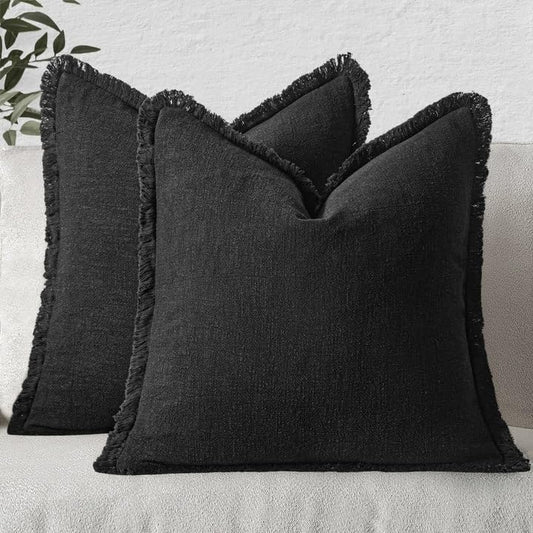 Decorative Throw Pillow Covers Neutral Linen Fringe Throw Pillows Set of 2 Black Boho Farmhouse Cushion Covers with Tassels for Couch Sofa Bed Living Room Spring Home Decor 18X18 Inch