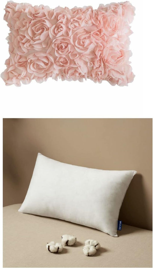 Spring Romantic Stereo Chiffon Rose Flower Pillow Cover with New Pillow Inserts 12X20