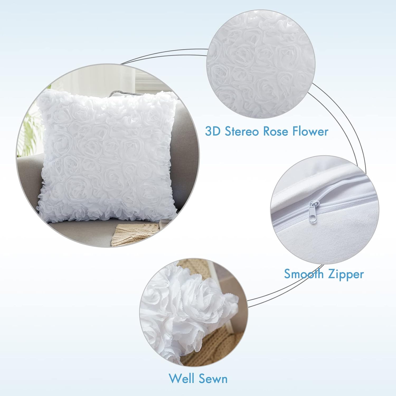 Pack of 2 3D Decorative Spring Romantic Stereo Chiffon Rose Flower Pillow Covers Solid Square Pillowcases for Valentines Day Decoration Sofa Bedroom Car 16X16 Inch 40X40Cm White Wedding