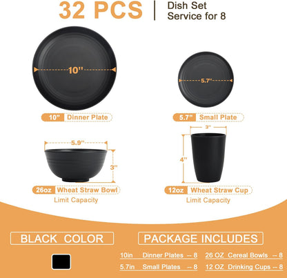 Wheat Straw 32-Piece Dinnerware Set for 8 - Includes Deep Plates, Cereal Bowls, and Drinking Cups, Microwave and Dishwasher Safe, Black Finish