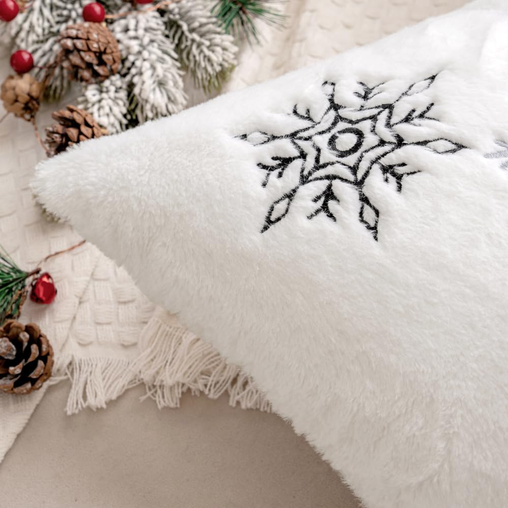 Pack of 2 Christmas Decorative Throw Pillow Covers Soft Faux Fur Pillow Cases with Embroidery Snowflake Winter Cute Pillowcases Holiday Decor for Couch Sofa Bedroom, 18×18 Inch, Black