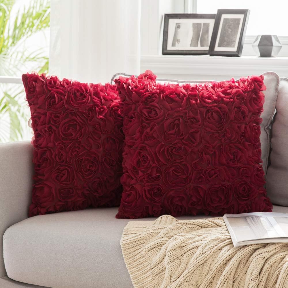 Pack of 2 3D Decorative Christmas Romantic Stereo Chiffon Rose Flower Pillow Covers Solid Square Festival Pillowcases for Valentines Day Sofa Bedroom Car 18X18 Inch Wine Red Wedding