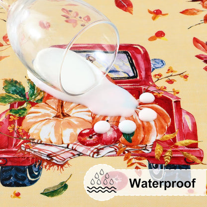 round Fitted Tablecloth with Elastic Edge, 100% Waterproof Oil Proof Plastic Table Cover, Vinyl Flannel Backed Tablecloth Fits 36"-44" round Tables for Fall, Thanksgiving, Pumpkin Truck