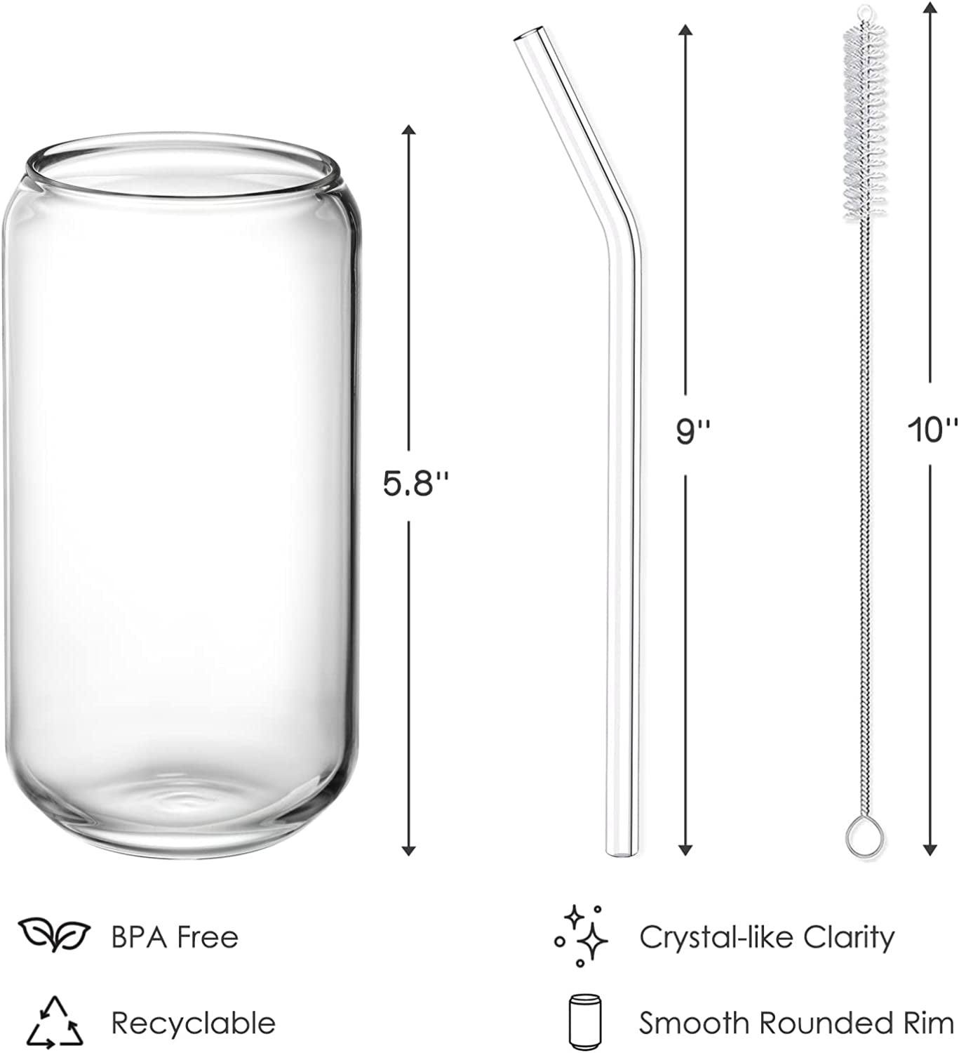 Drinking Glasses with Glass Straw 4Pcs Set - 16Oz Highball Glass Cups, Beer Glasses, Iced Coffee Glasses, Cute Tumbler Cup, Ideal for Whiskey, Soda, Tea, Water, Gift, 2 Brushes