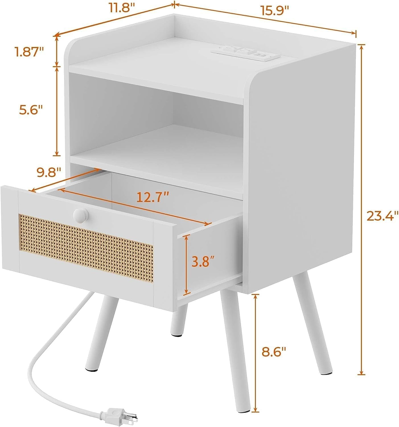 Elegant Nightstand with Integrated Charging Station and Rattan-Inspired Drawer, Solid Wood Leg End Table with Open Storage for Bedroom, Living Room, and Dormitory - White