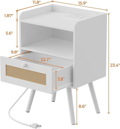 Elegant Nightstand with Integrated Charging Station and Rattan-Inspired Drawer, Solid Wood Leg End Table with Open Storage for Bedroom, Living Room, and Dormitory - White