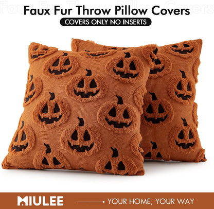 Fall Halloween Throw Pillow Covers 18X18 Decorative Pumpkin Pattern Pillowcases Soft Plush Faux Wool Cushions for Home Patio Sofa Couch,Rust