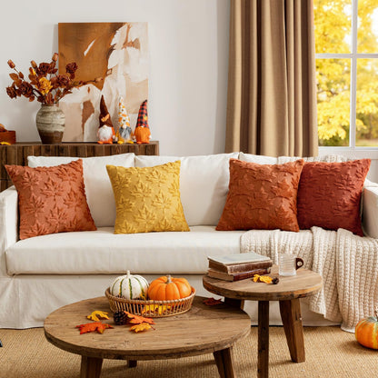 Mustard Yellow Fall Throw Pillow Covers 20x20 - Set of 2 Decorative Hollow Maple Leaf Accent Pillows in Soft Plush Faux Wool for Autumn Home Decor and Holiday Bedroom Use