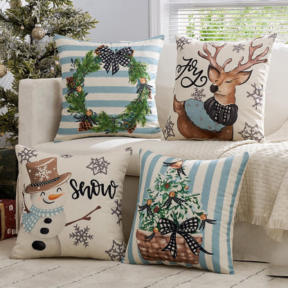 Set of 4 Holiday Blue Decorative Pillow Covers 16X16 Inch Snowman Elk Merry Christmas Throw Pillow Cases Winter Seasonal Cushion Cases Home Decors for Sofa Couch Bedroom