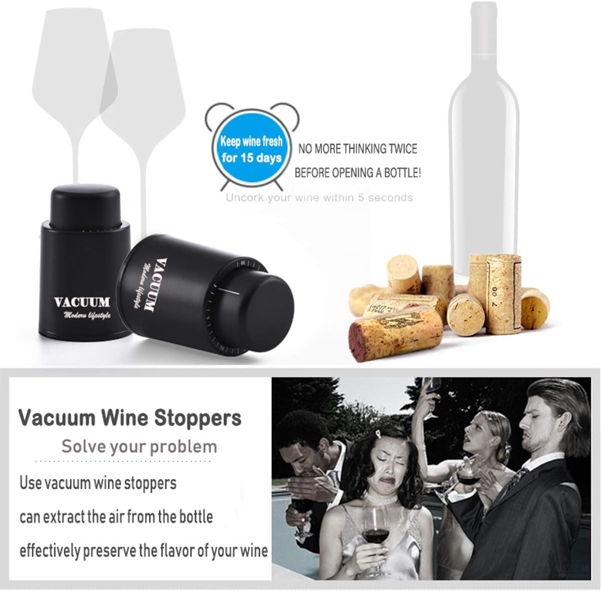 [2 PACK] Wine Bottle Stoppers,Real Vacuum Stoppers,Reusable Wine Preserver,Wine Corks Keep Fresh,Best Christmas and Birthday Gifts for Wine Lovers.