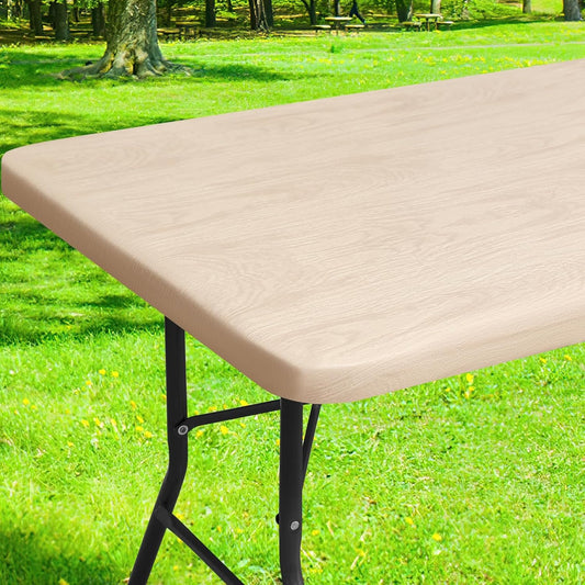 Rectangle Picnic Table Cover, Waterproof Elastic Fitted Vinyl Tablecloth for 6 Foot Tables, Wipeable Flannel Backed Camping Tablecloths Protector for Indoor, Outdoor (Beige, 30X72 Inches)