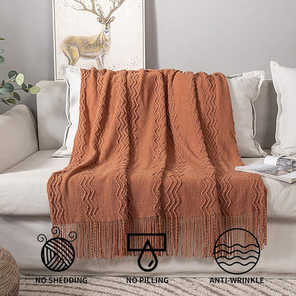 Knitted Boho Throw Blanket for Couch Textured Knit Terracotta Rust Blanket with Tassels Cozy Woven Farmhouse Blanket for Sofa Bed Chair Wave Pattern Fall Decor 50"X60", Orange