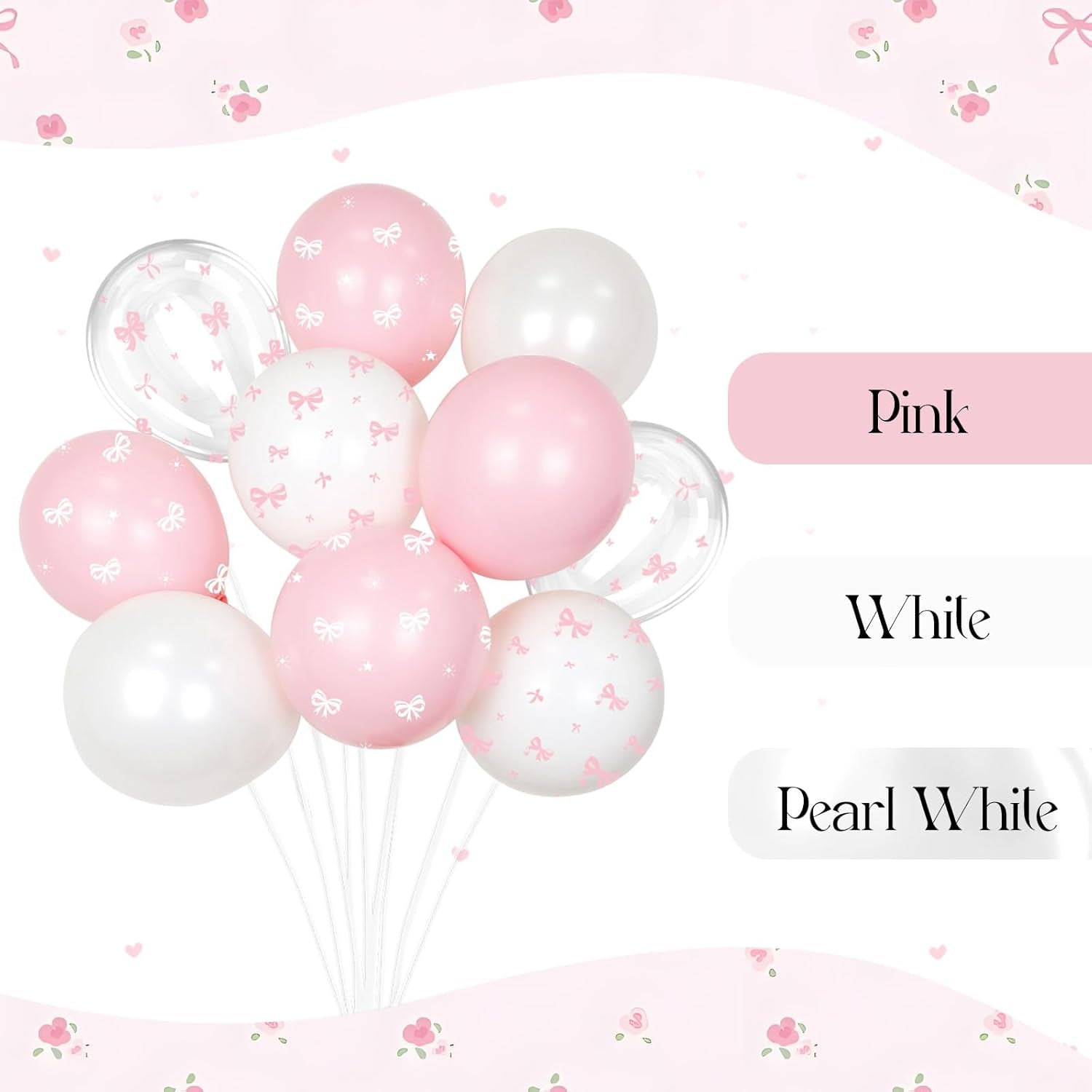 60Pcs Pink Bow Balloons 12Inch with Pink White Clear Bow Balloons for Pink Coquette Wedding Baby Shower Birthday Party Decorations