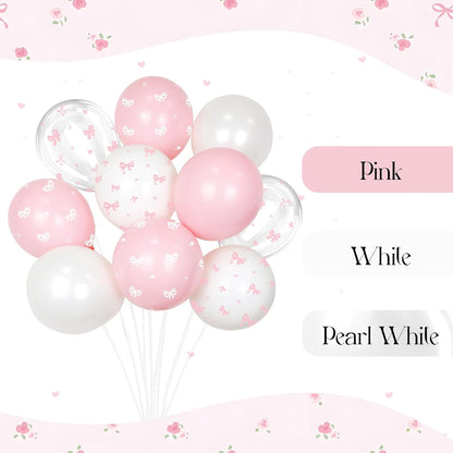 60Pcs Pink Bow Balloons 12Inch with Pink White Clear Bow Balloons for Pink Coquette Wedding Baby Shower Birthday Party Decorations