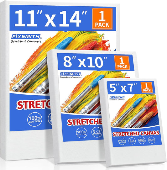 Stretched Canvas for Painting, 5"X7", 8"X10", 11"X14", Pack of 3, Pre-Primed Canvases Wood Framed, Blank White Painting Canvas Boards for Acrylic, Oil and Gouache Painting