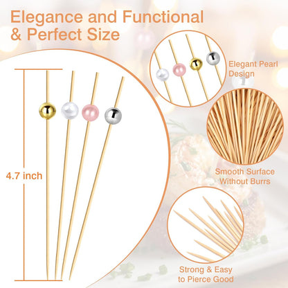 200 Cocktail Picks, Decorative Pearl Fancy Toothpicks for Appetizers, 4.7 in Long Bamboo Skewers Wood Garnish Sticks for Food Drink Fruit Party Charcuterie Boards Accessories (Gold/White/Pink/Silver)