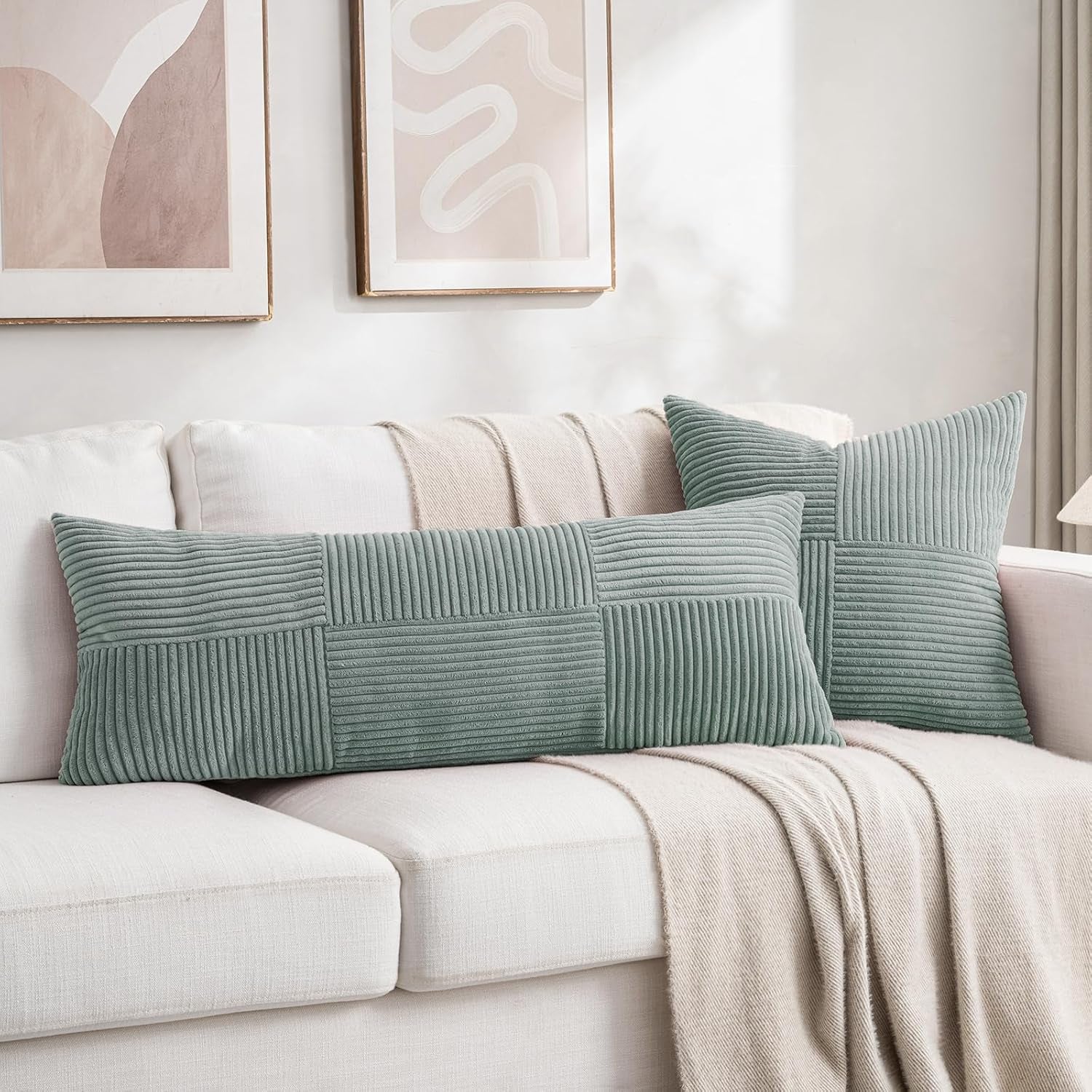 2 Packs Grey Blue Decorative Throw Pillow Covers 18X18 Inch for Couch Bed Sofa, Rustic Boho Farmhouse Home Decor, Soft Corss Corduroy Patchwork Textured Square Cushion Case 45X45 Cm