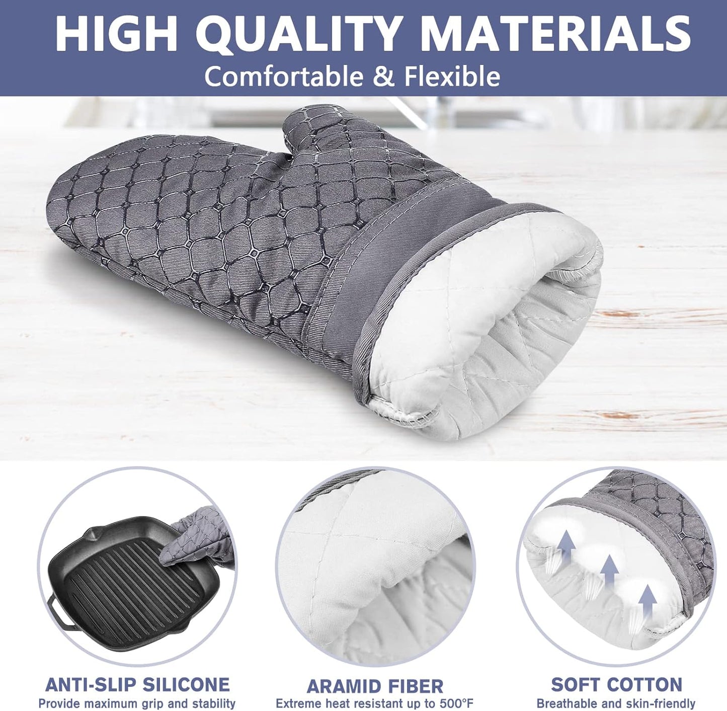 6-Piece Heat-Resistant Oven Mitts and Pot Holders Set with Soft Cotton Lining and Non-Slip Silicone Surface for Safe Baking, Cooking, and BBQ (Grey)