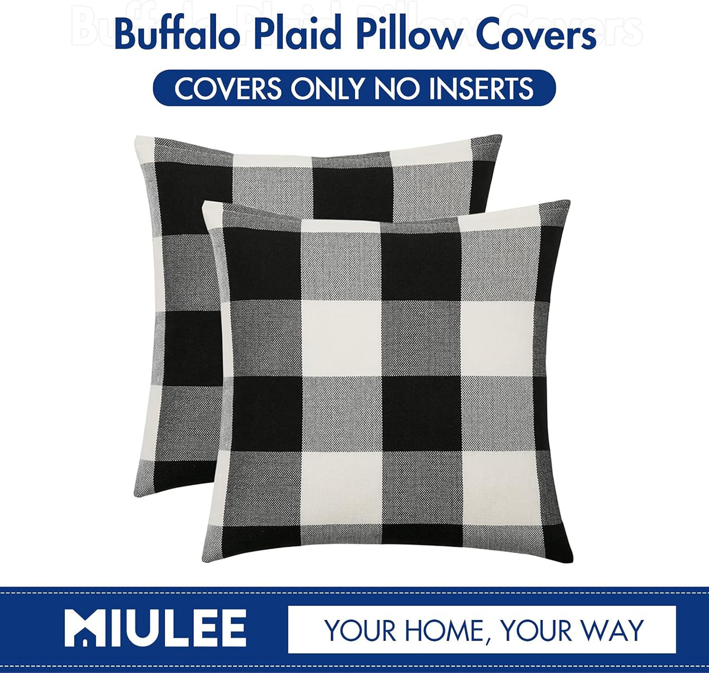 Halloween Pack of 2 Farmhouse Buffalo Check Plaids Linen Throw Pillow Covers Soft Soild Decorative Home Decor Outdoor Cushion Case for Sofa Bedroom 18 X 18 Inch, Black and White