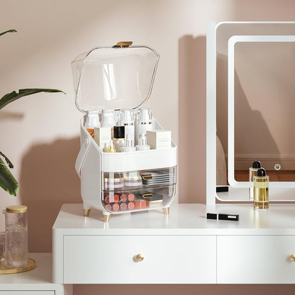 Makeup Organizer for Vanity, Skincare Organizer with Lid and Drawers, Bathroom Counter Organizer Perfume Makeup Storage, Large Cosmetic Display Case for Dresser, Bathroom Countertop, White