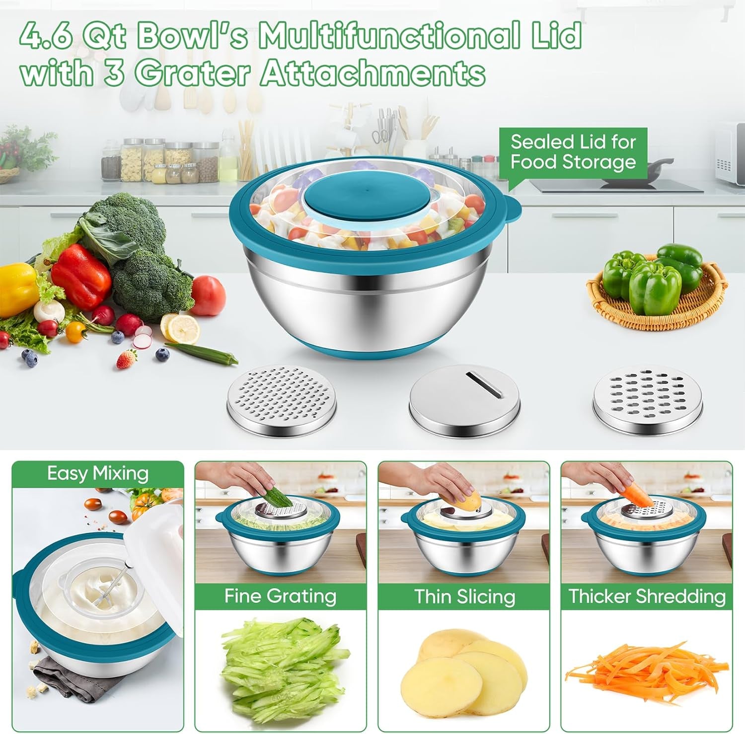 Mixing Bowls with Lids Set of 3, Stainless Steel Mixing Bowl and Colander for Kitchen, 3 Grater Attachments & Non-Slip Bottoms, Visible & Airtight Lid, Multicolor