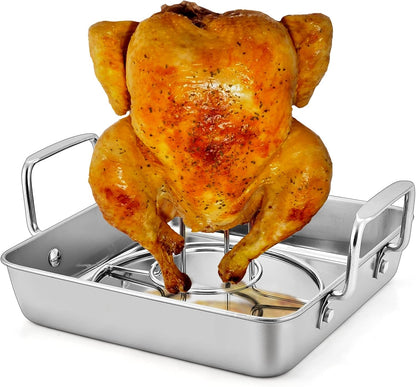 Beer Can Chicken Holder with Roasting Pan Set, 9-Inch Stainless Steel Square Baking Pan and Chicken Rack for Grilling, Heavy Duty & Dishwasher Safe, 2Pcs