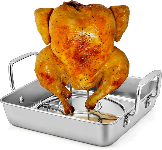 Beer Can Chicken Holder with Roasting Pan Set, 9-Inch Stainless Steel Square Baking Pan and Chicken Rack for Grilling, Heavy Duty & Dishwasher Safe, 2Pcs