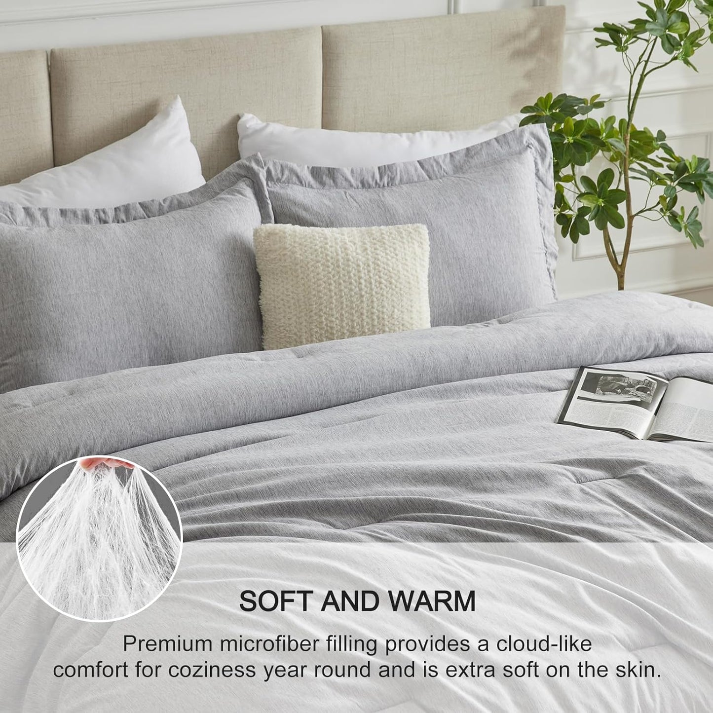 Queen Comforter Set - 3 Pieces Light Grey Soft Luxury Cationic Dyeing Queen Comforter for All Season, Light Gray Breathable Lightweight Fluffy Bedding Sets with 1 Comforter and 2 Pillow Shams