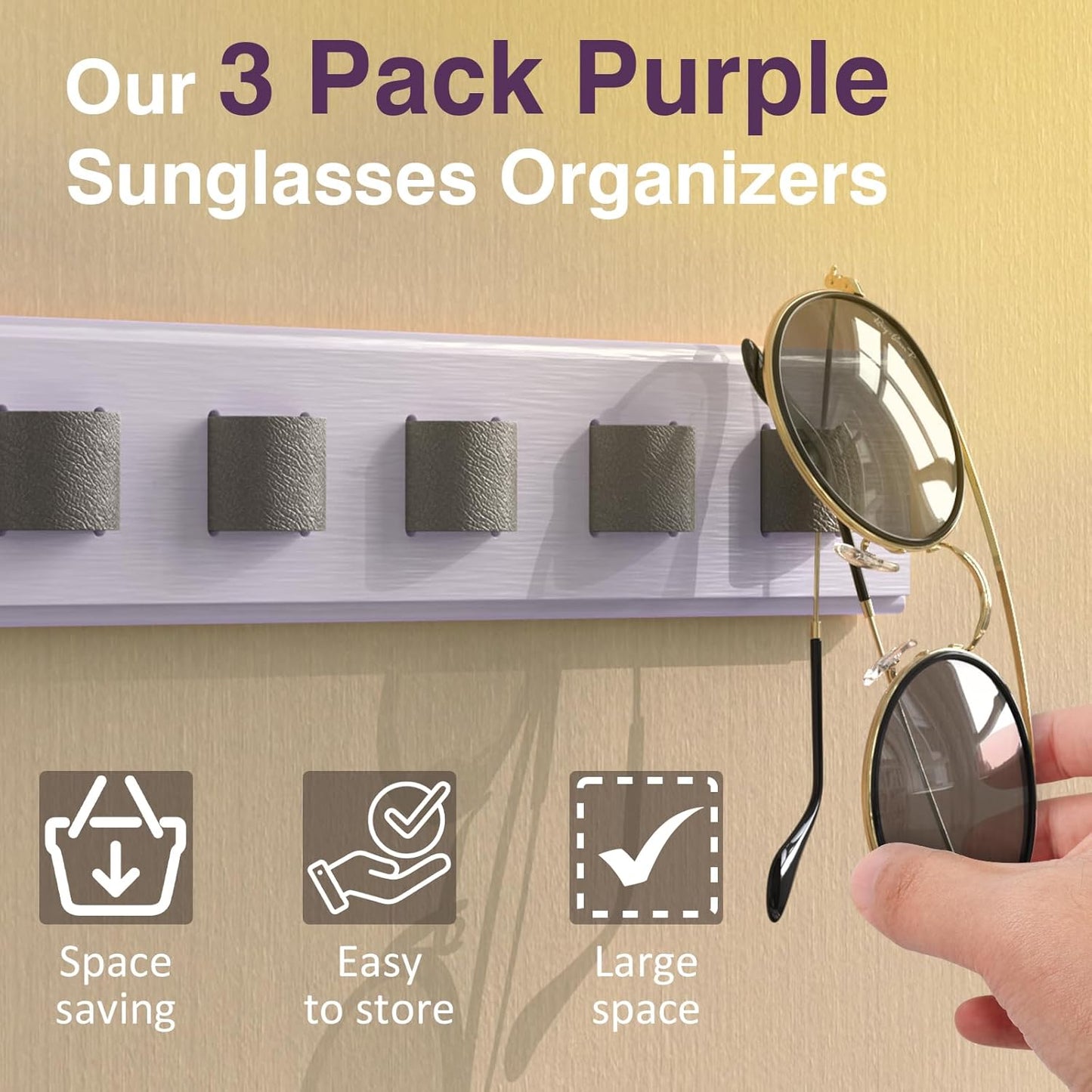 3 Pack Sunglass Organizer, Wall Mounted Sunglasses Organizer, Wooden Glasses Holder Sunglass Holder, Sunglasses Rack for Hanging Your Multiple Eyeglasses, for Wall, Home Decor(Purple)