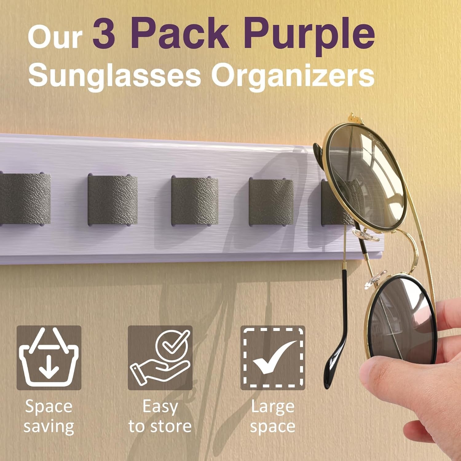 3 Pack Sunglass Organizer, Wall Mounted Sunglasses Organizer, Wooden Glasses Holder Sunglass Holder, Sunglasses Rack for Hanging Your Multiple Eyeglasses, for Wall, Home Decor(Purple)