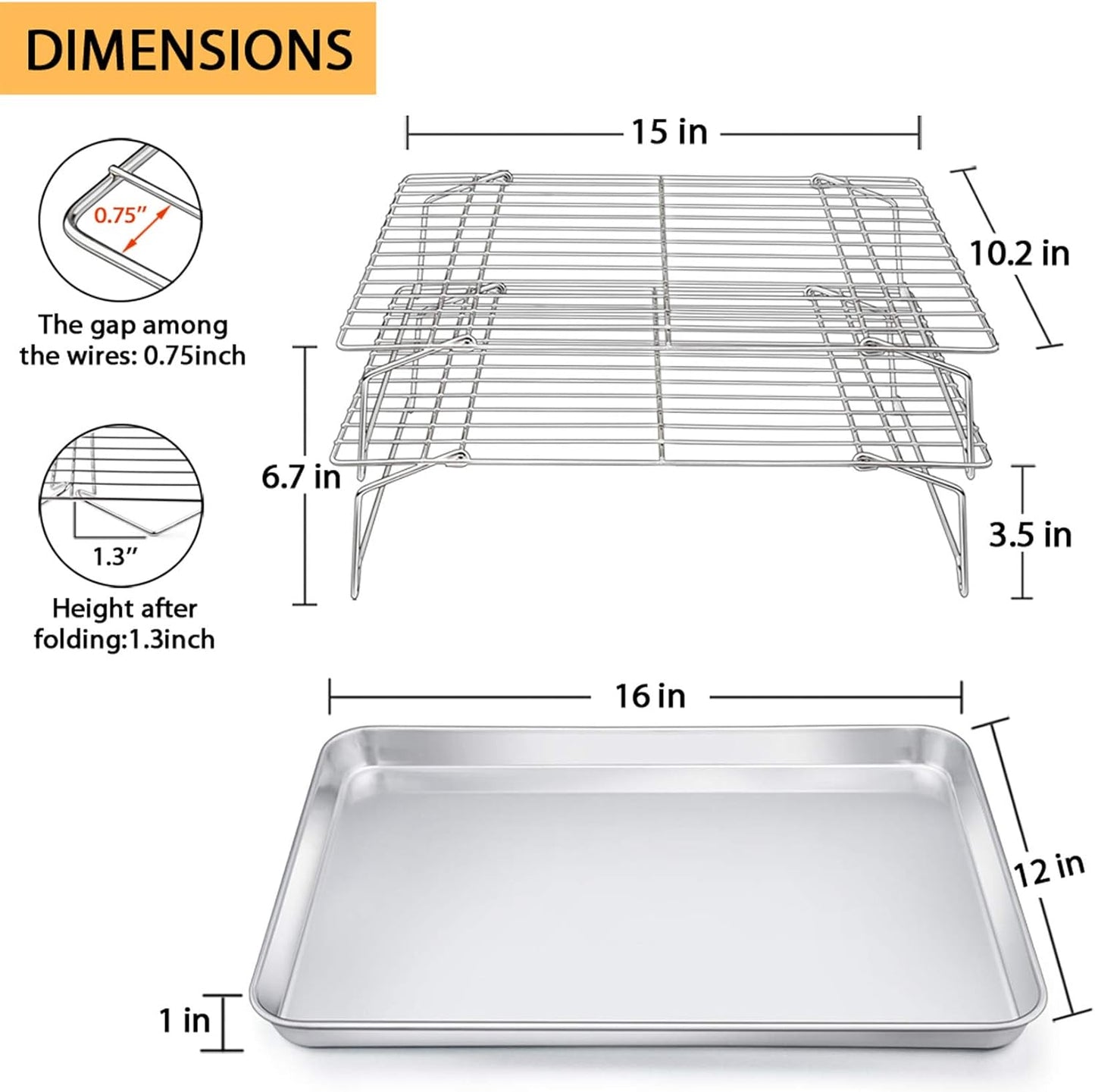 Baking Sheet and 2-Tier Cooling Racks Set,  Stainless Steel Baking Pan Tray with Stackable Cooking Wire Rack for Cookie Bacon Meat, Uncoated & Non-Toxic, Mirror Finish& Dishwasher Safe - 3Pcs