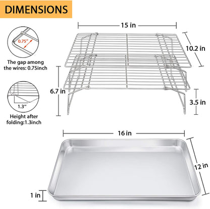Baking Sheet and 2-Tier Cooling Racks Set,  Stainless Steel Baking Pan Tray with Stackable Cooking Wire Rack for Cookie Bacon Meat, Uncoated & Non-Toxic, Mirror Finish& Dishwasher Safe - 3Pcs