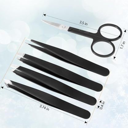 5-Piece Premium Set Matte Black Stainless Steel Eyebrow Tweezers Kit with 4 Precision Tips (Slant/Pointed/Flat/Rounded) & Sharp Grooming Scissors for Facial Hair Removal & Splinter Extraction