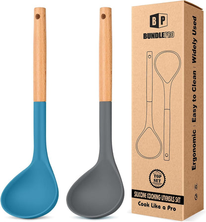 Pack of 2 Soup Ladle, Silicone Ladle Spoon with Wooden Handle, Large Non Stick High Heat Resistant Kitchen Utensils for Cooking, Stirring, Serving Soups(Gray-Blue)