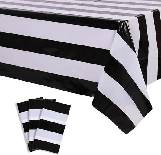 3 Packs Black and White Vertical Striped Tablecloth 54 X 108 Inch Geometric Black Stripe Table Cloths Disposable Plastic Stripe Table Covers Waterproof Picnic Tablecover for Camping Party