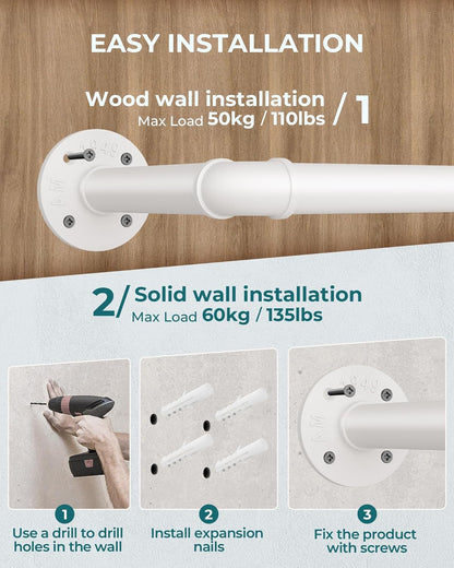 Industrial Pipe Clothes Rack Wall Mounted Set of 2, 38.4 Inches Heavy Duty Iron Pipe Clothing Garment Rail, Multi-Purpose Clothing Hanging Rod for Laundry Room and Closet Storage, White