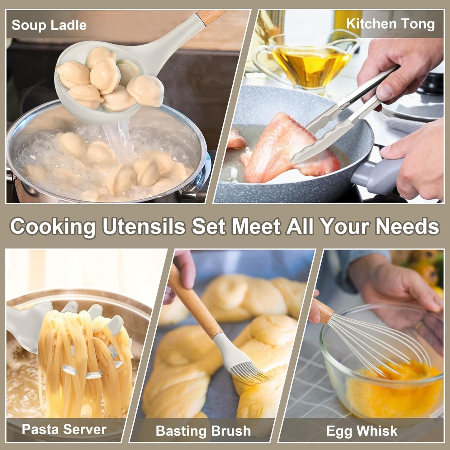 Silicone Cooking Utensils Set, 12PCS Kitchen Utensils Set with Wooden Handle for Nonstick Cookware, Ladle, Spoon, Spatula, Tong, Heat-Resistant & Non-Scratch, Non Smell & Healthy, Khaki