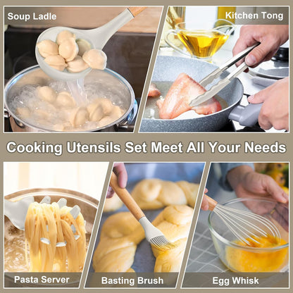 Silicone Cooking Utensils Set, 12PCS Kitchen Utensils Set with Wooden Handle for Nonstick Cookware, Ladle, Spoon, Spatula, Tong, Heat-Resistant & Non-Scratch, Non Smell & Healthy, Khaki