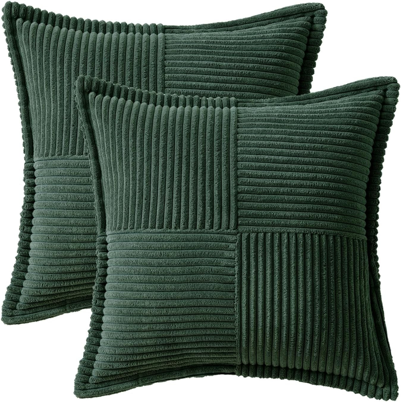 Christmas Decorative Throw Pillow Covers for Couch Bed Livingroom 18X18 Inch Set of 2 Dark Green Boho Accent Throw Pllows Broadside Striped Patchwork Soft Corduroy Pillowcases